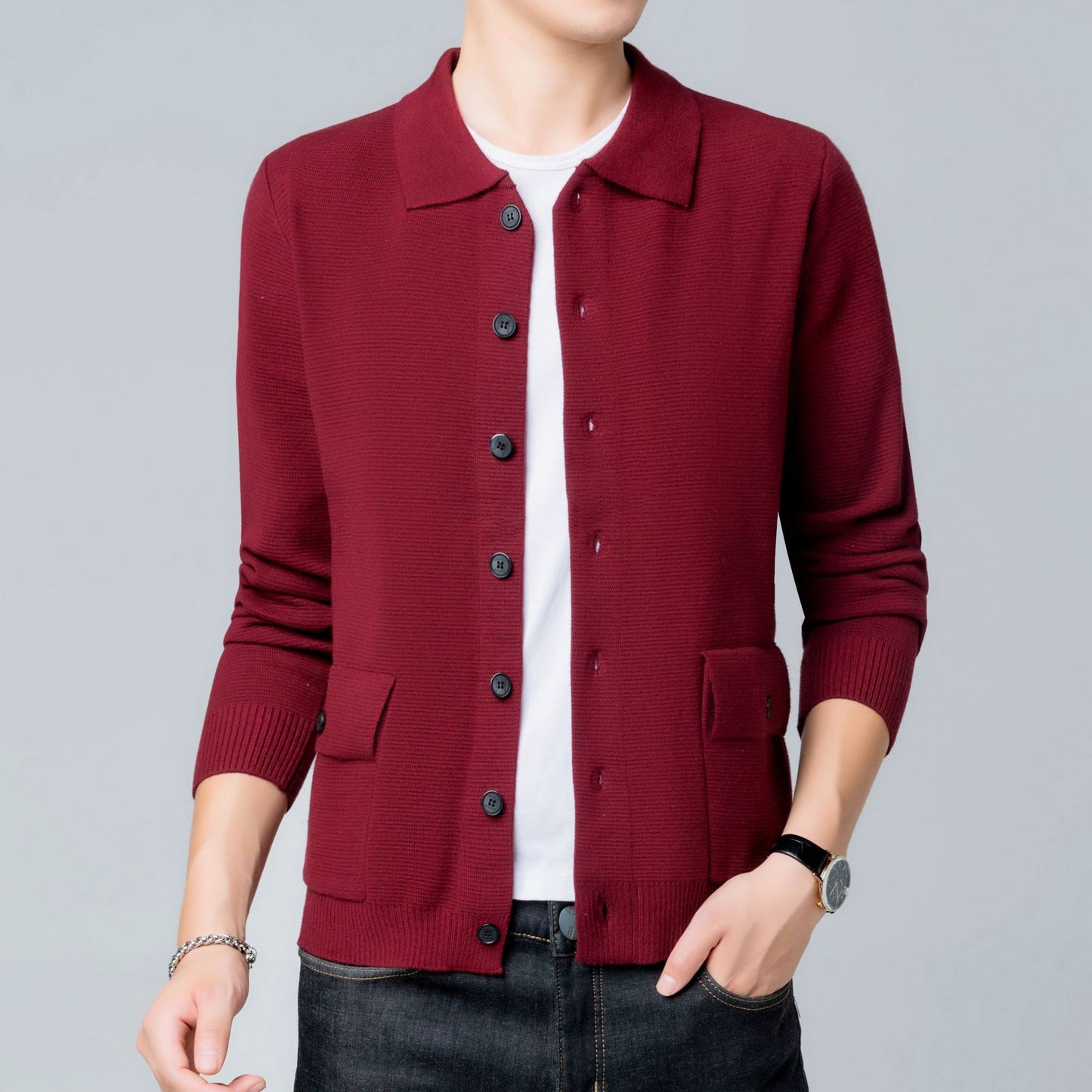 Knit Cardigan Men's Jacket Pocket Long Sleeve Lapel Sweater Men