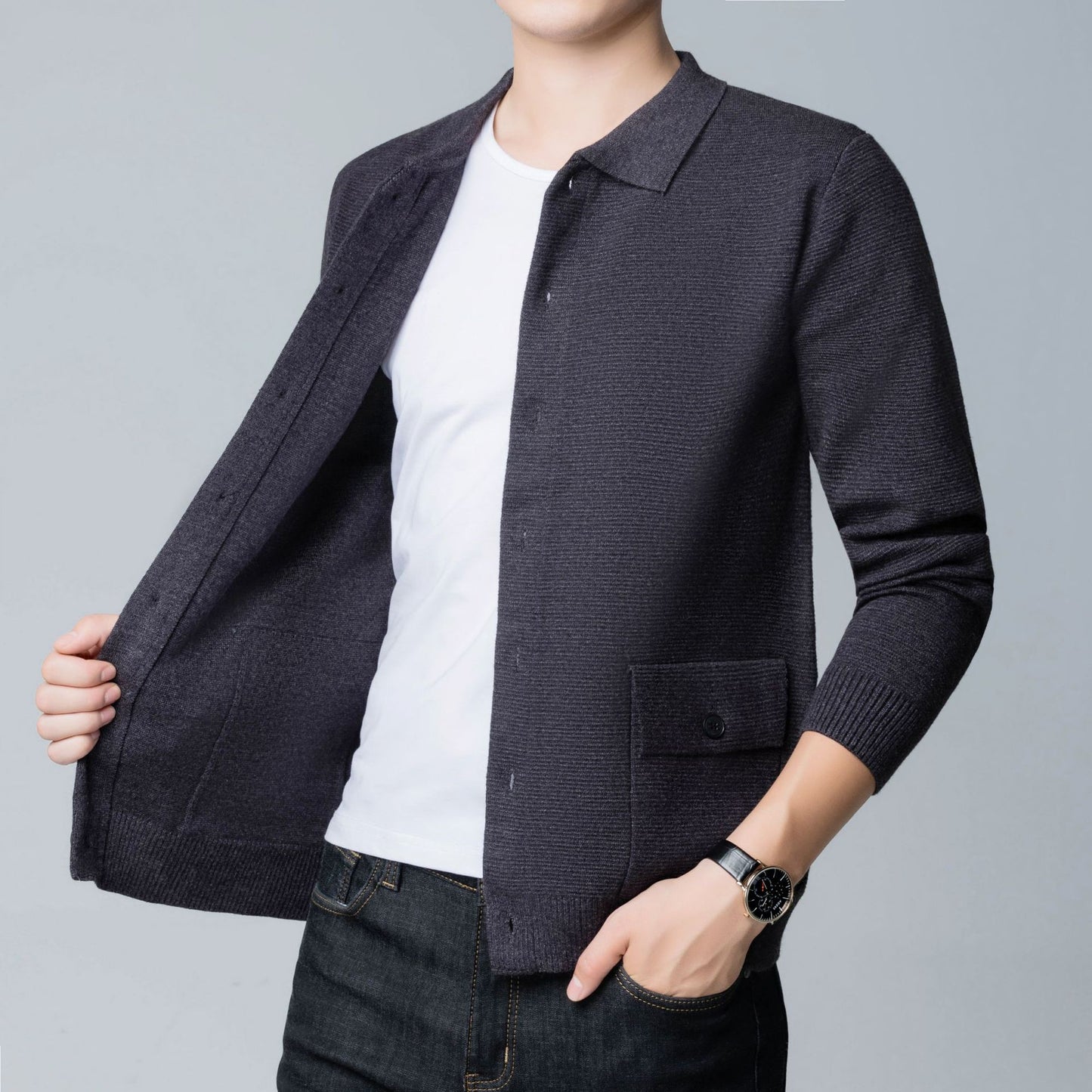 Knit Cardigan Men's Jacket Pocket Long Sleeve Lapel Sweater Men