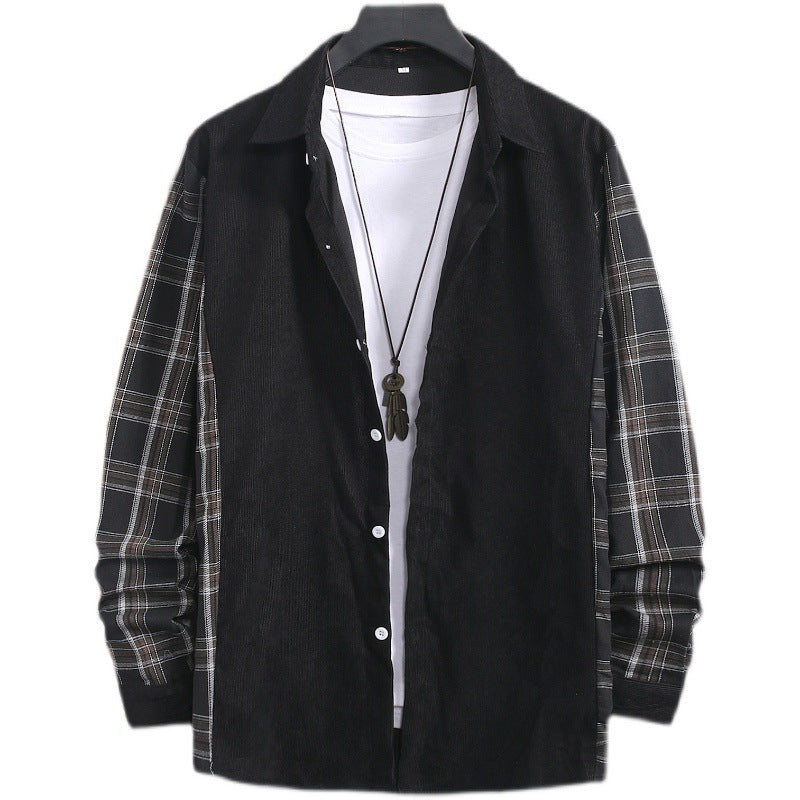 Corduroy Plaid Panel Long Sleeve Shirt Men's