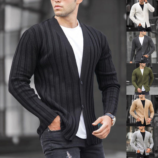 European And American Men's Solid Color Cardigan Pit Strip Casual Slim Sweater Knit Sweater