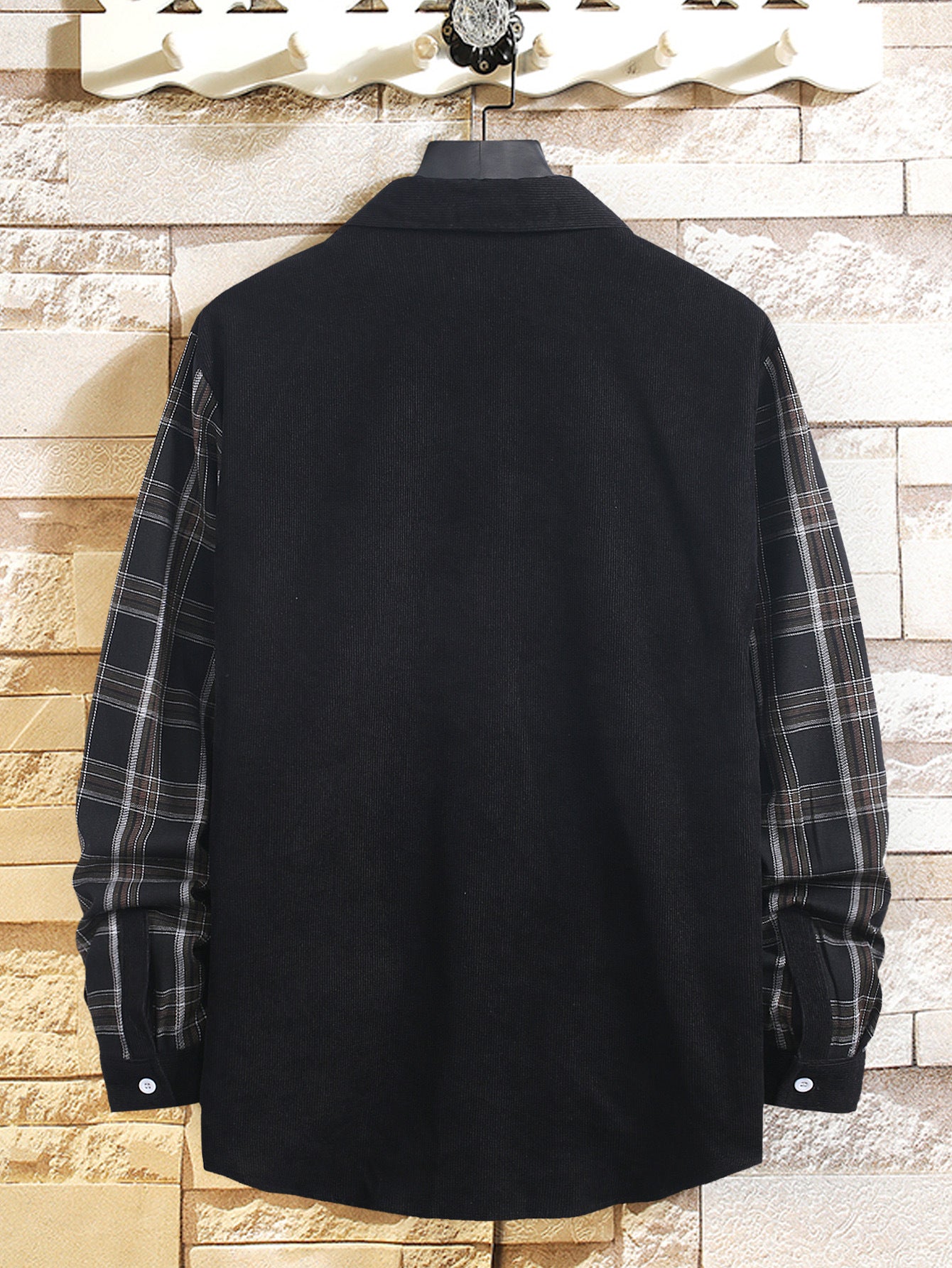 Corduroy Plaid Panel Long Sleeve Shirt Men's