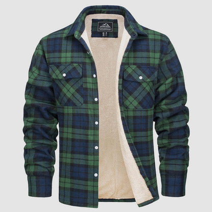 Fleece Lined Men's Jacket Long Sleeve Lapel Plaid