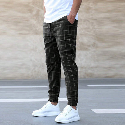 Fashion Plaid Print Pants Men's Casual Drawstring Trousers