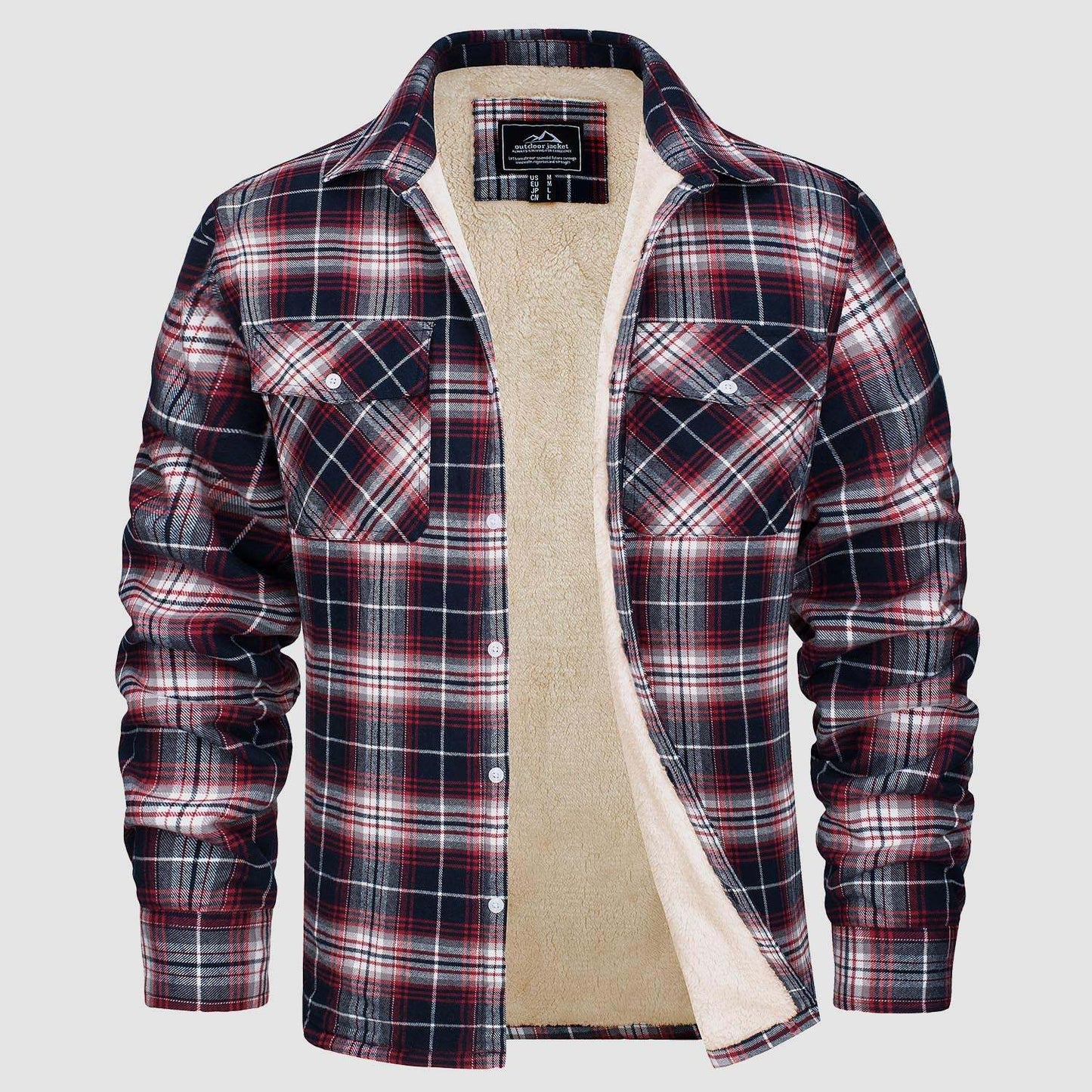 Fleece Lined Men's Jacket Long Sleeve Lapel Plaid