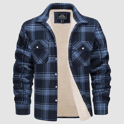 Fleece Lined Men's Jacket Long Sleeve Lapel Plaid