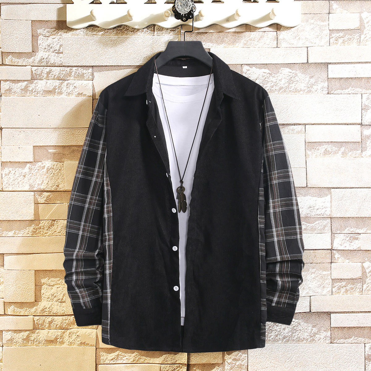 Corduroy Plaid Panel Long Sleeve Shirt Men's