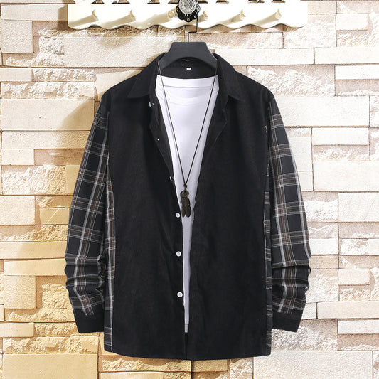 Corduroy Plaid Panel Long Sleeve Shirt Men's